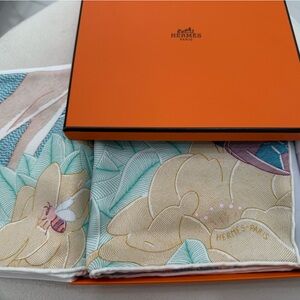 Authentic Hermes Scarf with Beautiful Pink and Blue Equestrian Design.